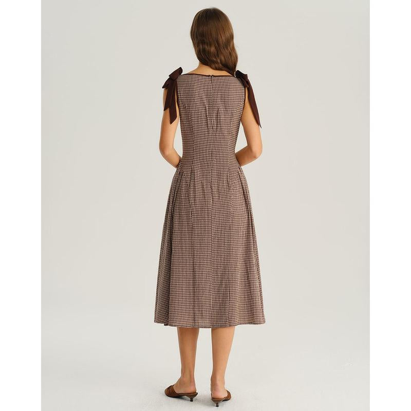 Brown Plaid Boat Neck A-Line Midi Dress