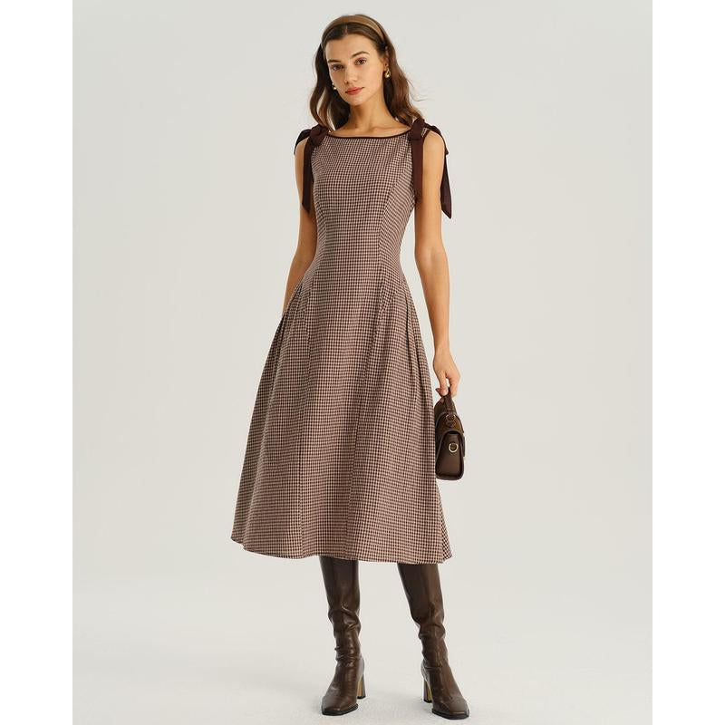 Brown Plaid Boat Neck A-Line Midi Dress