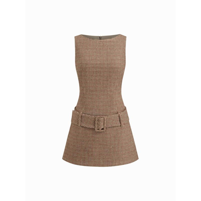 Cider Boat Neck Houndstooth Belted Mini Dress