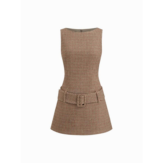 Cider Boat Neck Houndstooth Belted Mini Dress