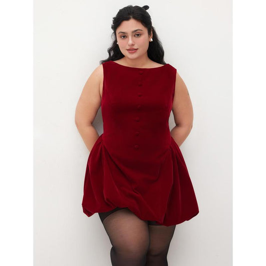 Cider [2 Colors, Size 0-26] Velvet Boat Neck Ruffle Bubble Hem Mini Dress
