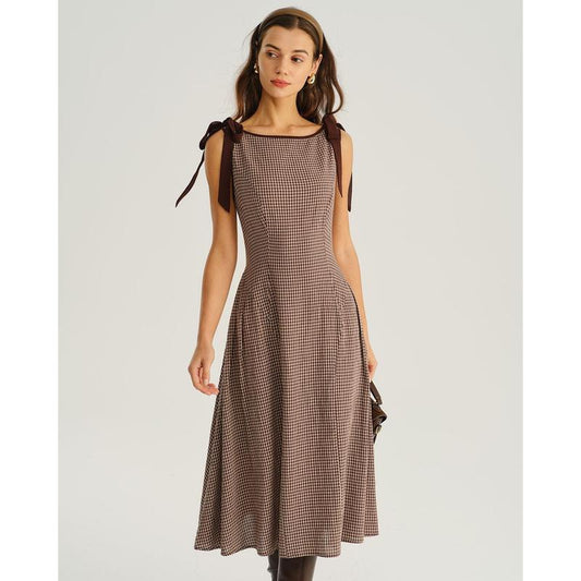 Brown Plaid Boat Neck A-Line Midi Dress